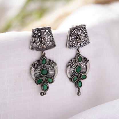 Gulbahar-Silver Brass Oxidised dangler earrings(Green)