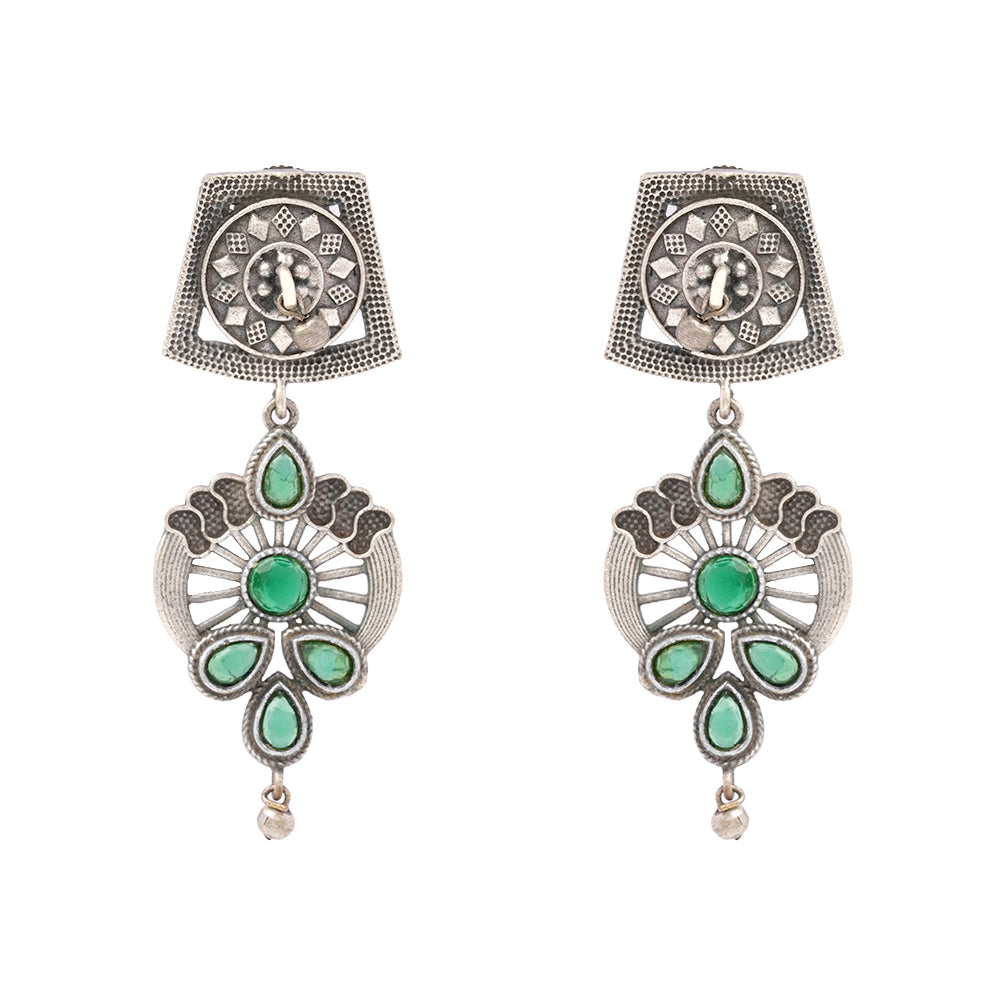 Gulbahar-Silver Brass Oxidised dangler earrings(Green)
