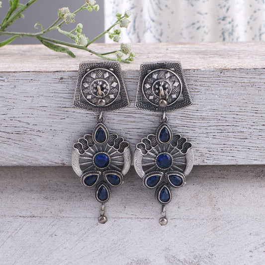 Gulbahar-Silver Brass Oxidised dangler earrings(Blue)