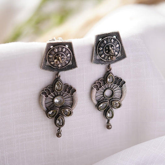 Gulbahar-Silver Brass Oxidised dangler earrings(White)