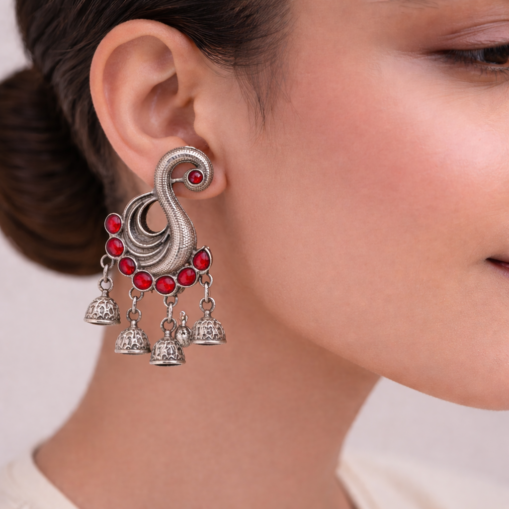 Hansika- Silver Brass ghunghroo dangler earrings(Red)