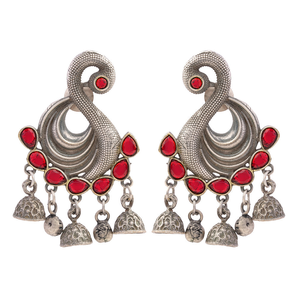 Hansika- Silver Brass ghunghroo dangler earrings(Red)