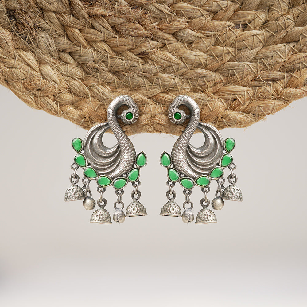 Hansika- Silver Brass ghunghroo dangler earrings(Green)