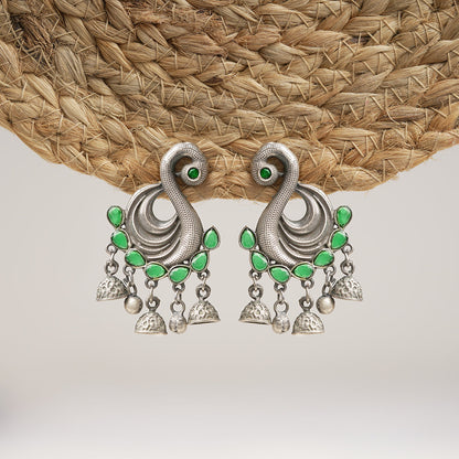 Hansika- Silver Brass ghunghroo dangler earrings(Green)