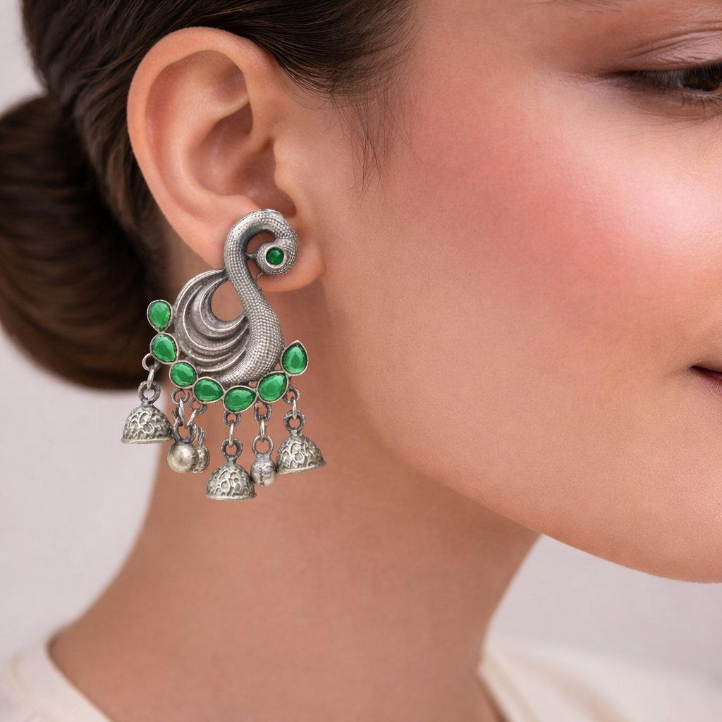 Hansika- Silver Brass ghunghroo dangler earrings(Green)