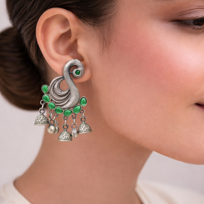 Hansika- Silver Brass ghunghroo dangler earrings(Green)
