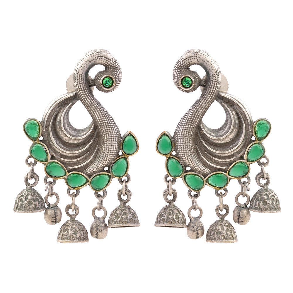 Hansika- Silver Brass ghunghroo dangler earrings(Green)