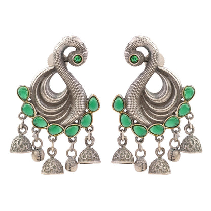 Hansika- Silver Brass ghunghroo dangler earrings(Green)