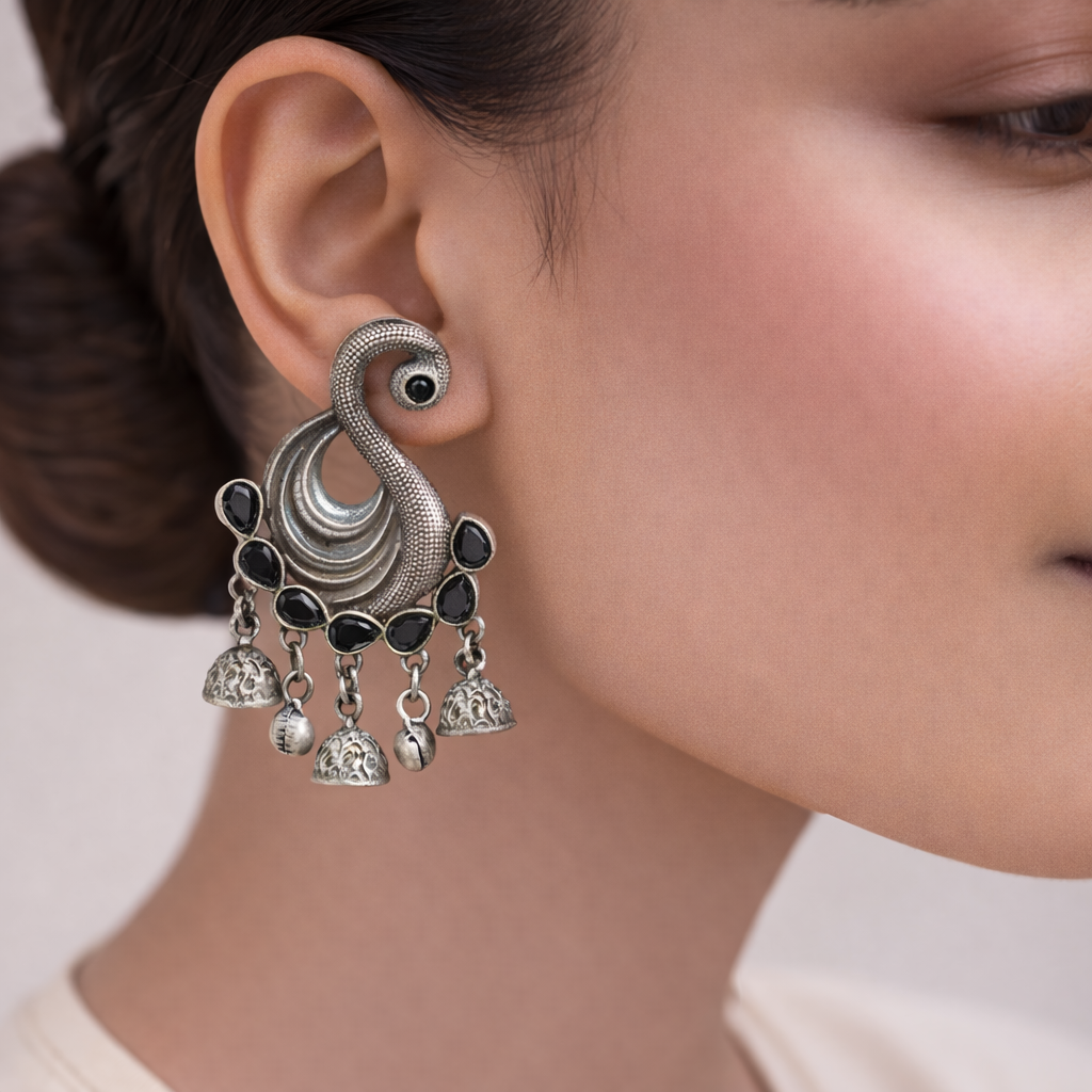 Hansika- Silver Brass ghunghroo dangler earrings(Black)