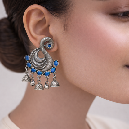 Hansika- Silver Brass ghunghroo dangler earrings(Blue)