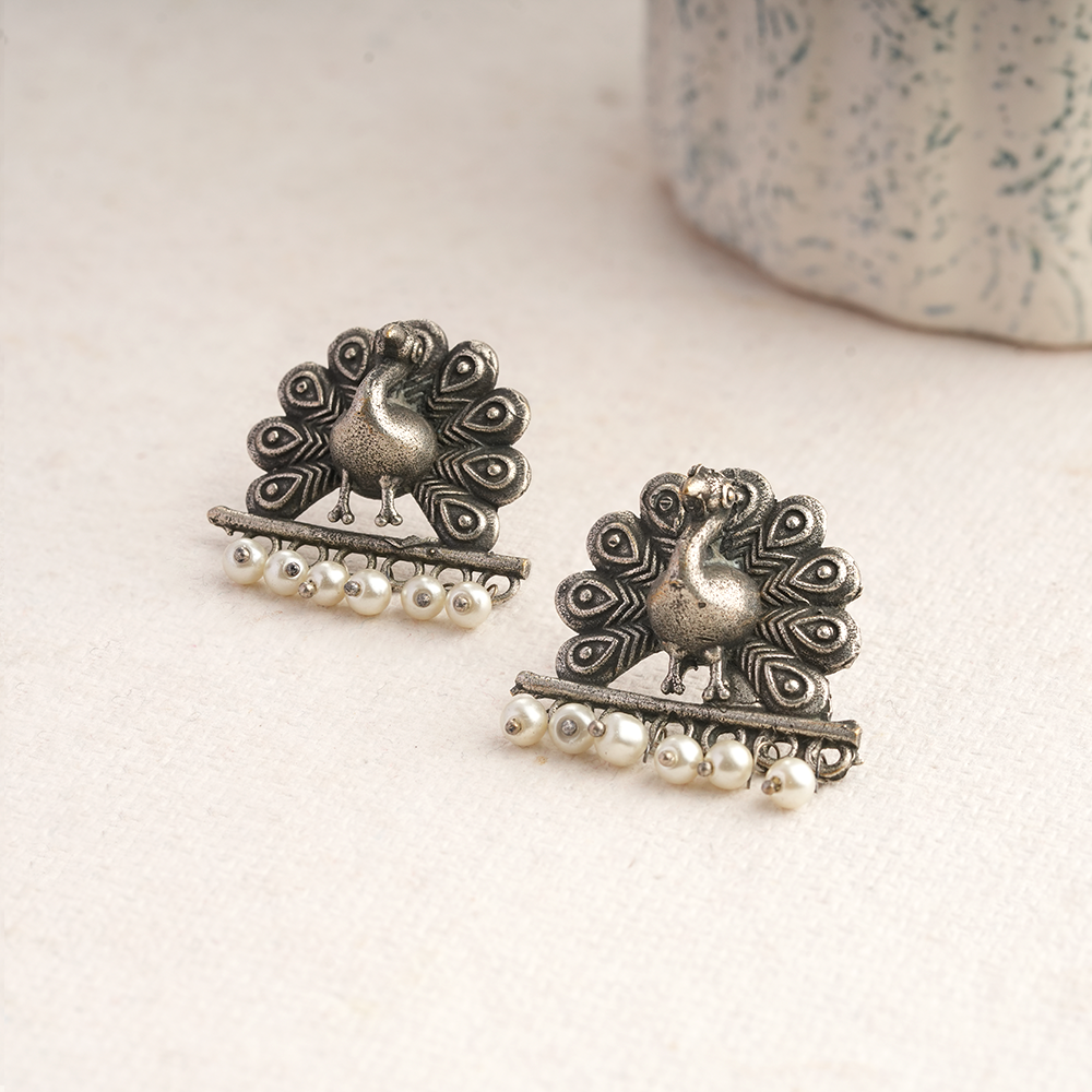 Mayurika- Silver Brass Pearl Stud Earring