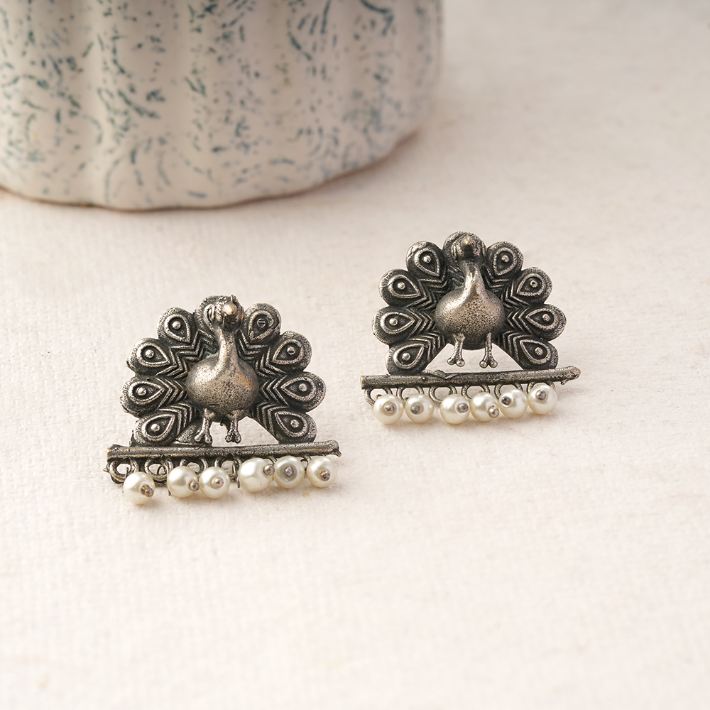 Mayurika- Silver Brass Pearl Stud Earring