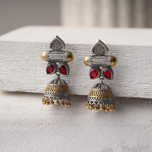 Rupali- Silver Brass Stone studdes Oxidised dangler earrings(Red)