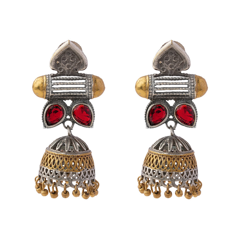 Rupali- Silver Brass Stone studdes Oxidised dangler earrings(Red)