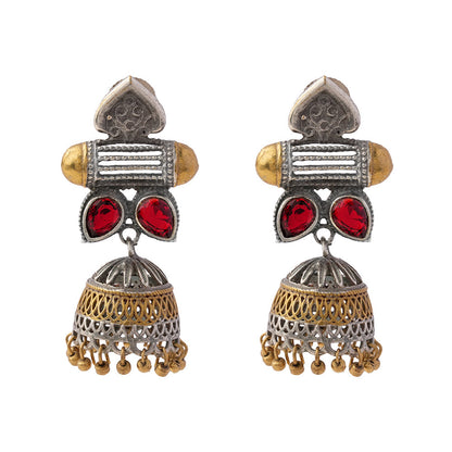 Rupali- Silver Brass Stone studdes Oxidised dangler earrings(Red)