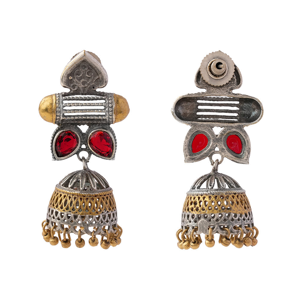 Rupali- Silver Brass Stone studdes Oxidised dangler earrings(Red)