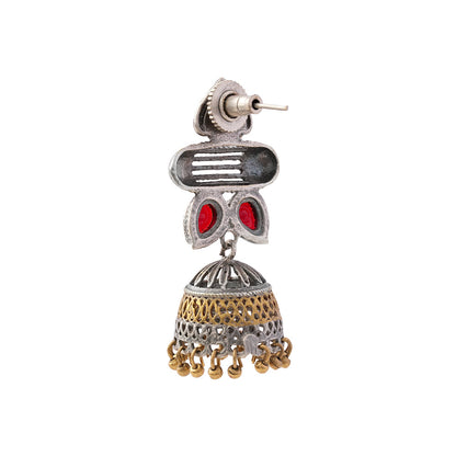 Rupali- Silver Brass Stone studdes Oxidised dangler earrings(Red)