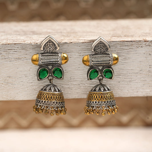 Rupali – Oxidised Silver Brass Stone-Studded Dangler Earrings (Green)