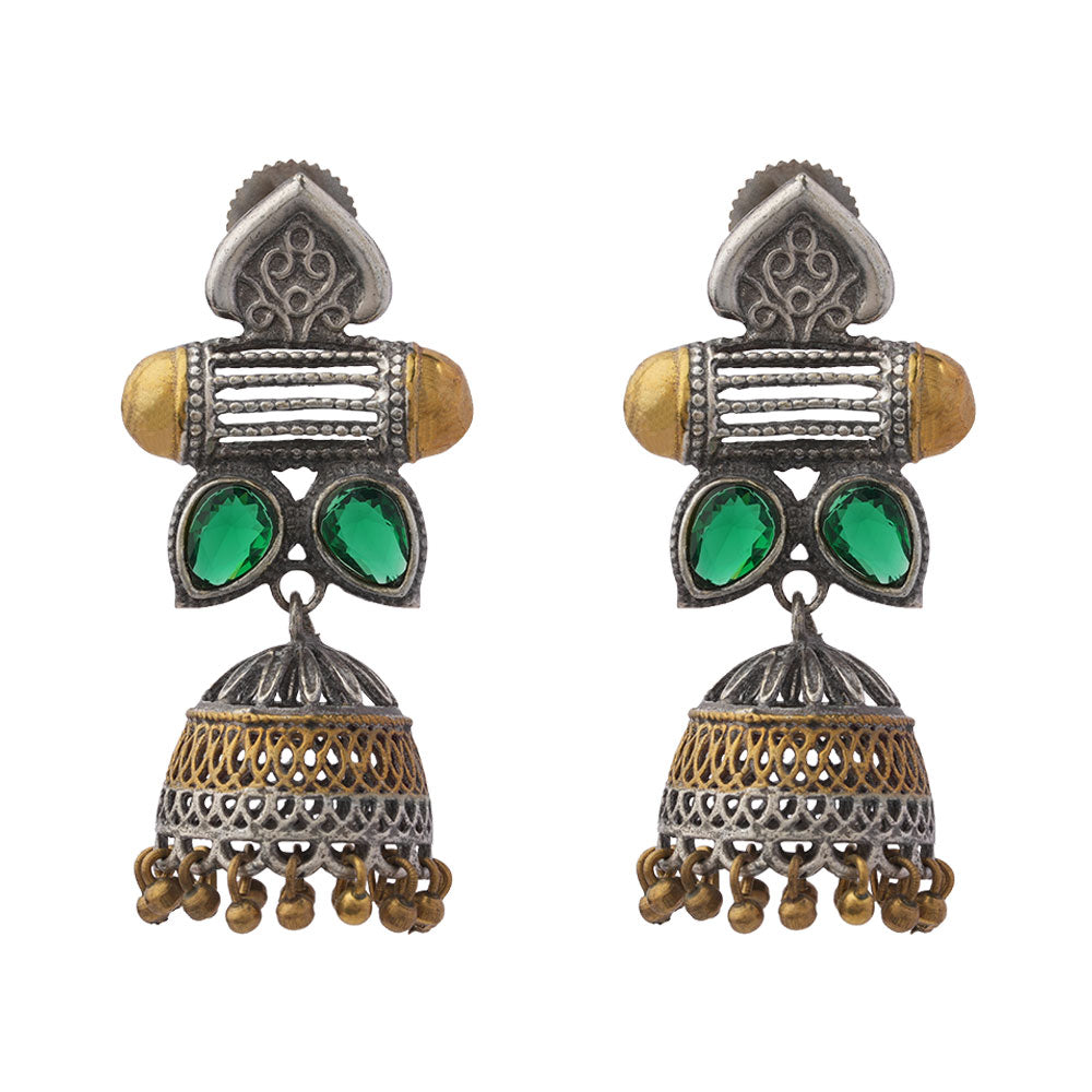 Rupali – Oxidised Silver Brass Stone-Studded Dangler Earrings (Green)