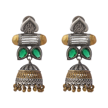 Rupali – Oxidised Silver Brass Stone-Studded Dangler Earrings (Green)