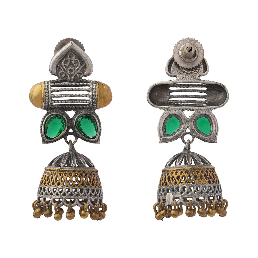 Rupali – Oxidised Silver Brass Stone-Studded Dangler Earrings (Green)
