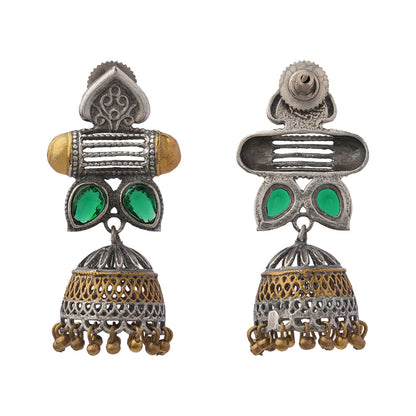 Rupali – Oxidised Silver Brass Stone-Studded Dangler Earrings (Green)