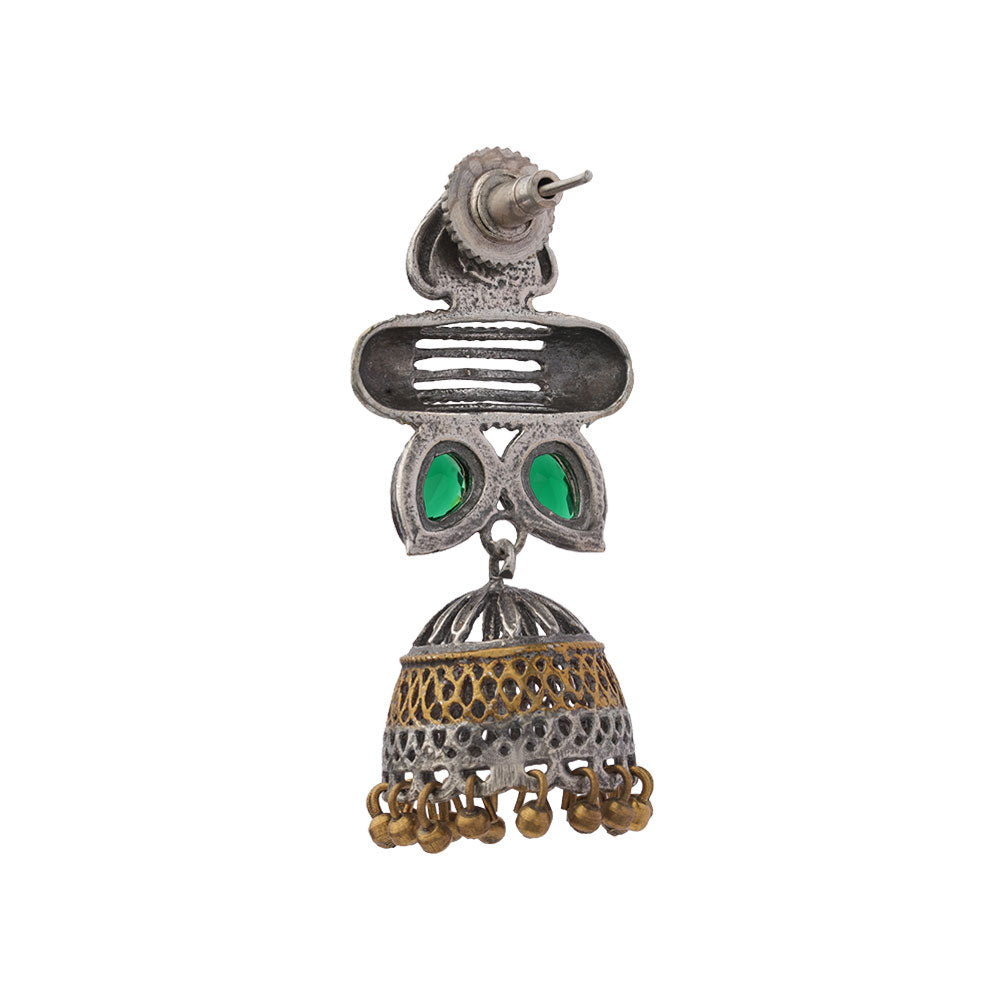 Rupali – Oxidised Silver Brass Stone-Studded Dangler Earrings (Green)
