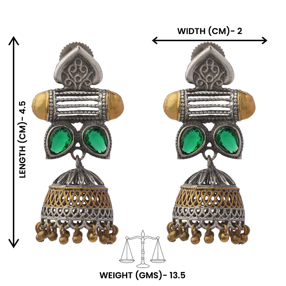 Rupali – Oxidised Silver Brass Stone-Studded Dangler Earrings (Green)