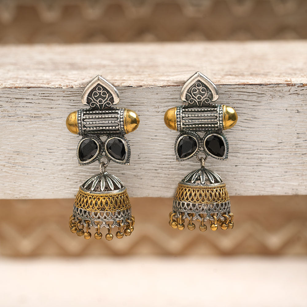 Rupali – Oxidised Silver Brass Stone-Studded Dangler Earrings (Black)