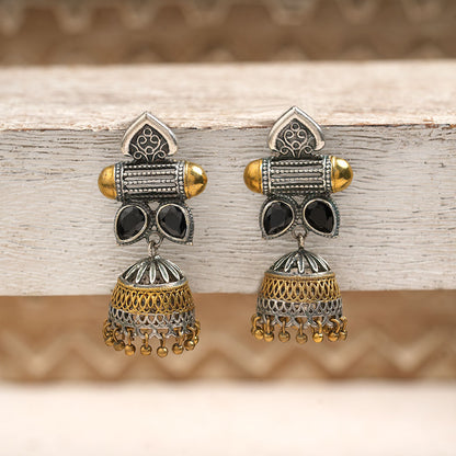 Rupali – Oxidised Silver Brass Stone-Studded Dangler Earrings (Black)
