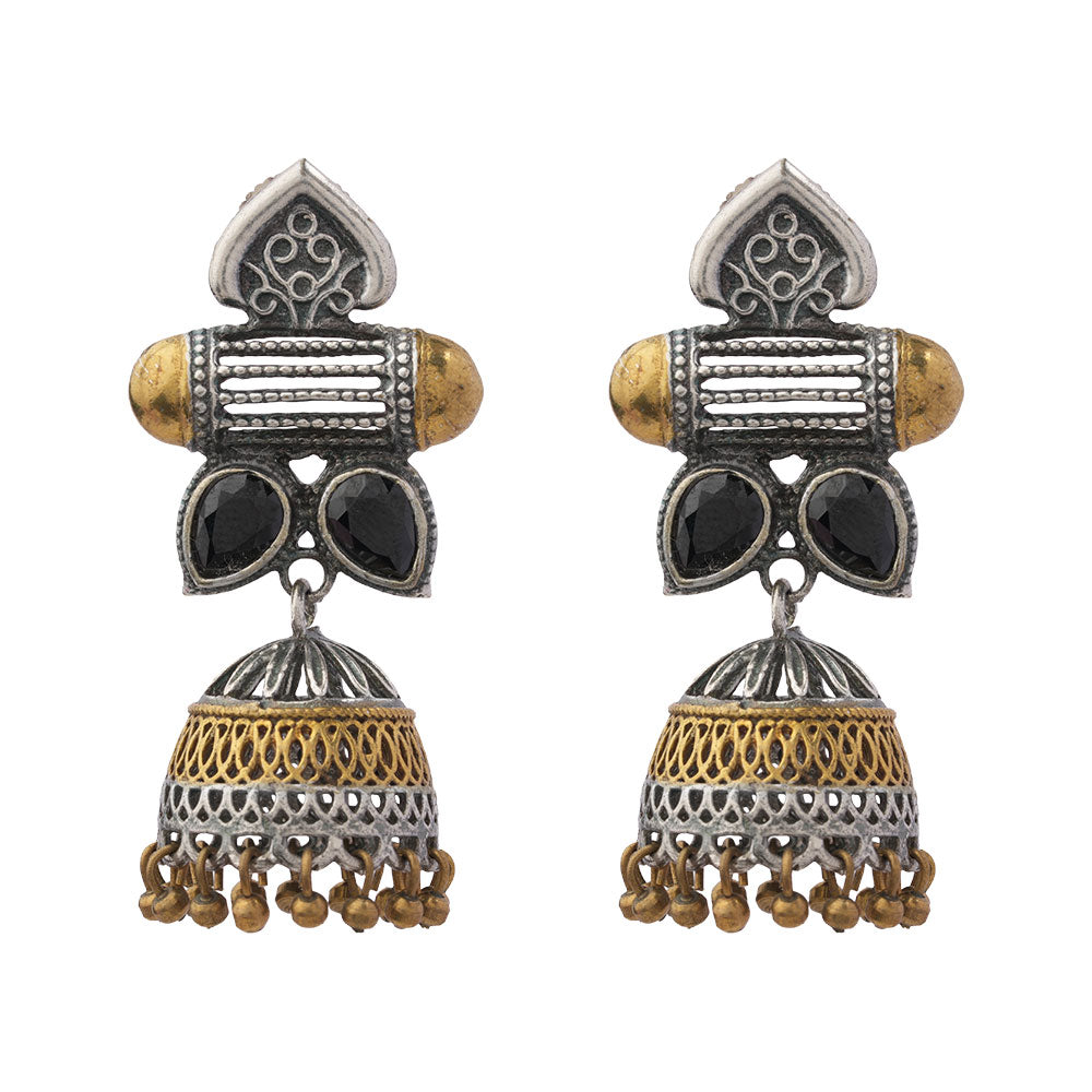 Rupali – Oxidised Silver Brass Stone-Studded Dangler Earrings (Black)