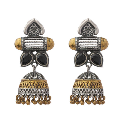Rupali – Oxidised Silver Brass Stone-Studded Dangler Earrings (Black)