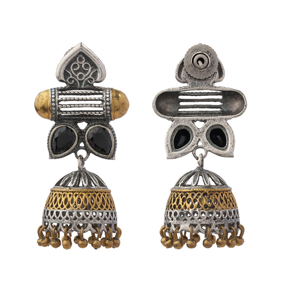 Rupali – Oxidised Silver Brass Stone-Studded Dangler Earrings (Black)
