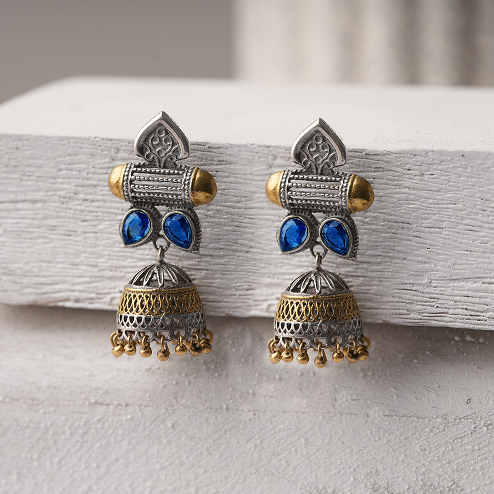 Rupali- Silver Brass Stone studdes Oxidised dangler earrings(Blue)