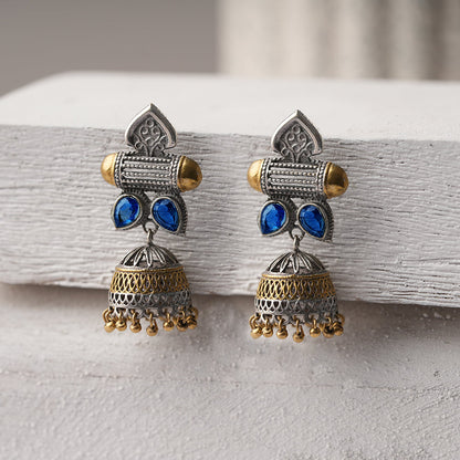 Rupali- Silver Brass Stone studdes Oxidised dangler earrings(Blue)