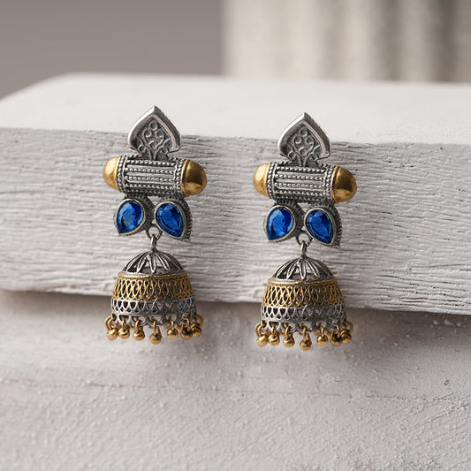 Rupali- Silver Brass Stone studdes Oxidised dangler earrings(Blue)