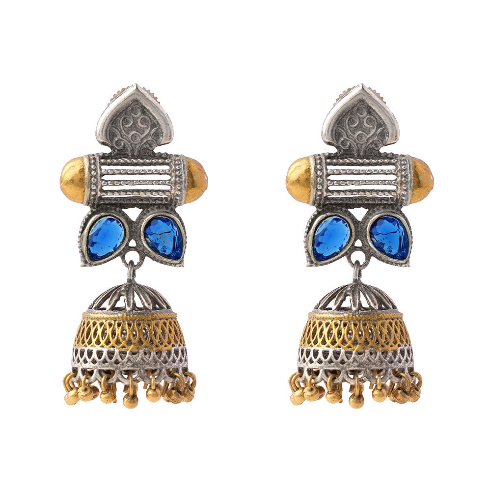 Rupali- Silver Brass Stone studdes Oxidised dangler earrings(Blue)