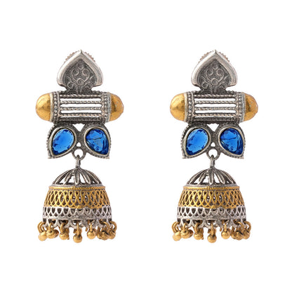 Rupali- Silver Brass Stone studdes Oxidised dangler earrings(Blue)