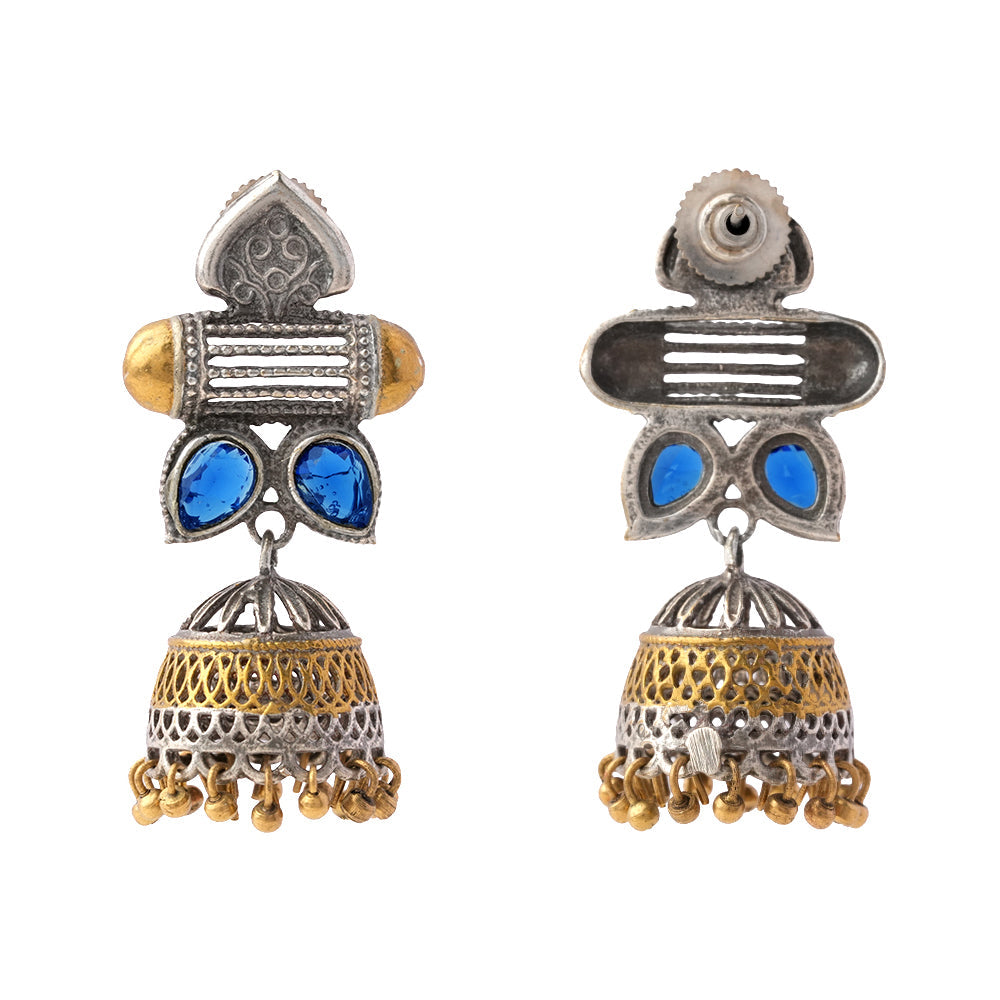 Rupali- Silver Brass Stone studdes Oxidised dangler earrings(Blue)