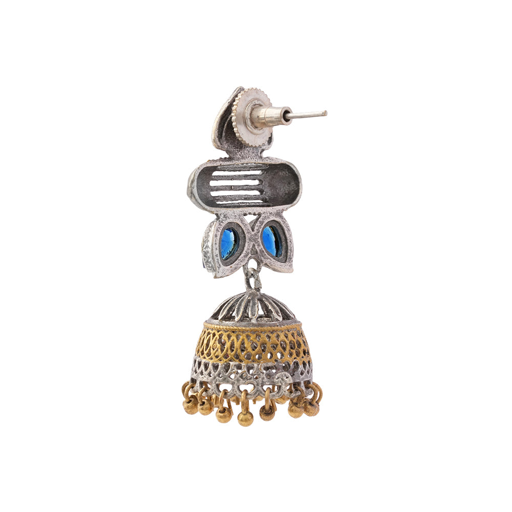 Rupali- Silver Brass Stone studdes Oxidised dangler earrings(Blue)