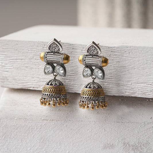 Rupali- Silver Brass Stone studdes Oxidised dangler earrings(White)
