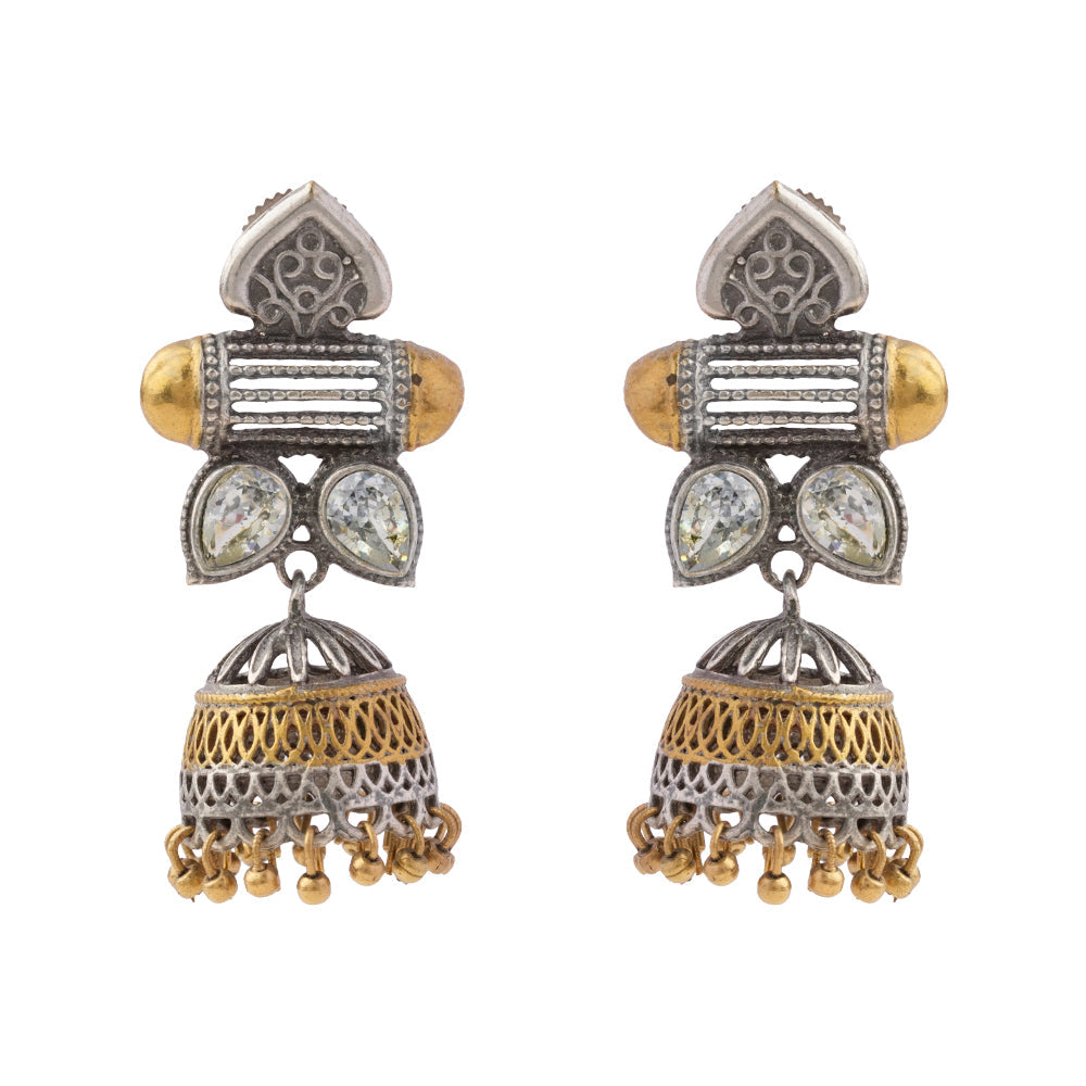 Rupali- Silver Brass Stone studdes Oxidised dangler earrings(White)