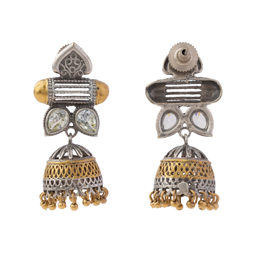 Rupali- Silver Brass Stone studdes Oxidised dangler earrings(White)