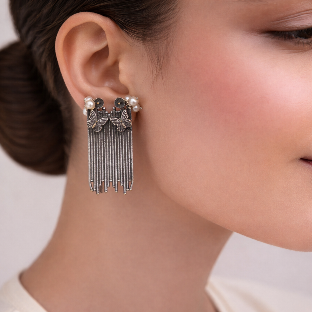 Vihangi- Silver Brass Oxidised dangler earrings