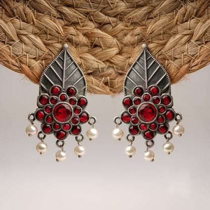 PatraPushp- Silver Brass Pearl dangler earrings(Red)