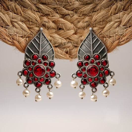 PatraPushp- Silver Brass Pearl dangler earrings(Red)