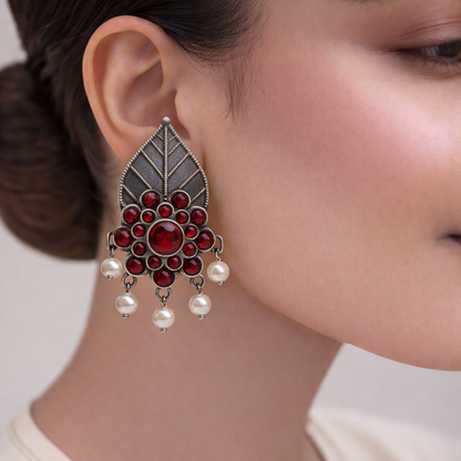 PatraPushp- Silver Brass Pearl dangler earrings(Red)