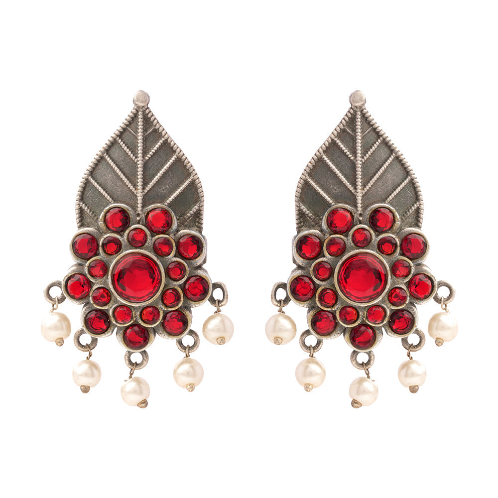 PatraPushp- Silver Brass Pearl dangler earrings(Red)