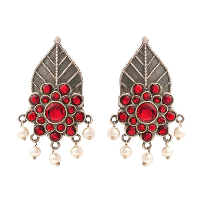 PatraPushp- Silver Brass Pearl dangler earrings(Red)