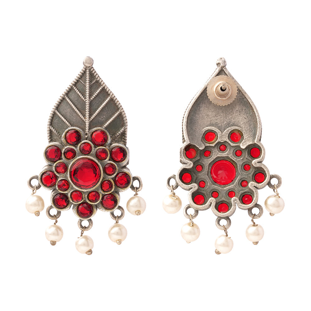 PatraPushp- Silver Brass Pearl dangler earrings(Red)